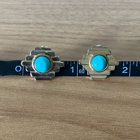 Southwestern, Geometric Turquoise/Gold Stud Earrings - Picture 6 of 6